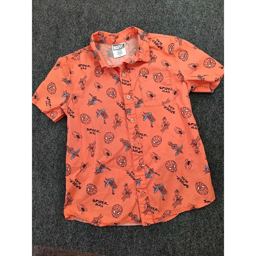 Marvel Spider-Man Boys Orange All Over Print Short Sleeve Button Down Shirt 8